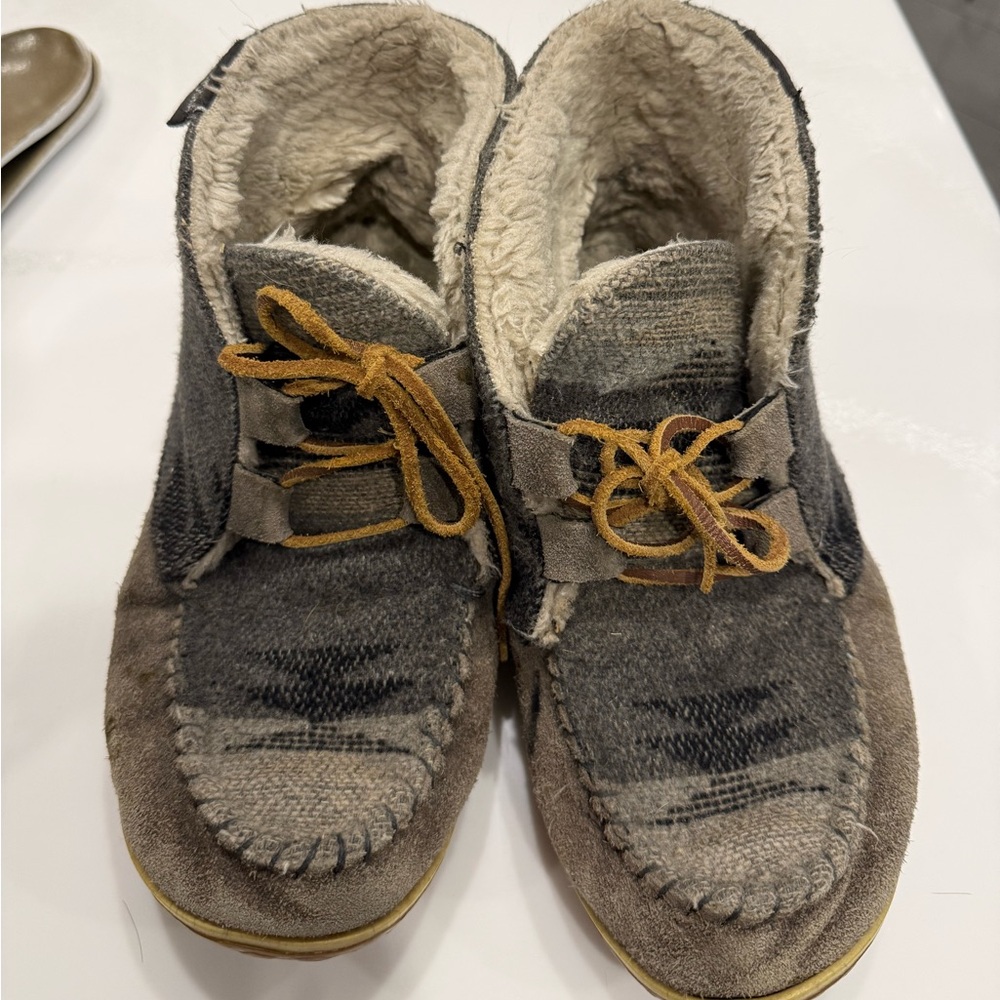 Minnetonka Gray and Tan Moccasins